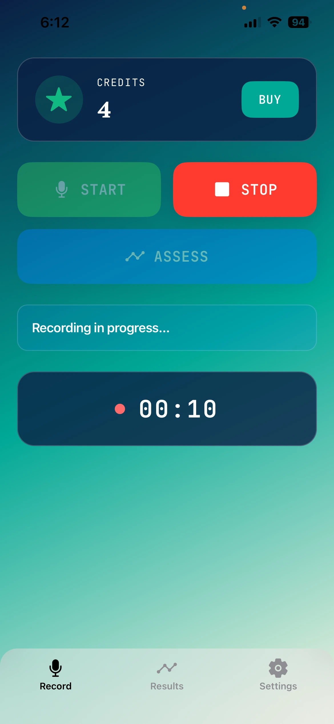 NurseKind AI iOS recording interface with Start and Stop buttons