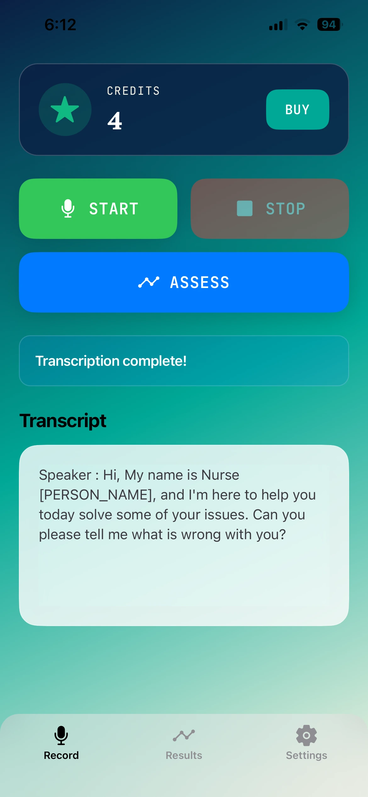 NurseKind AI transcription view with speaker labels
