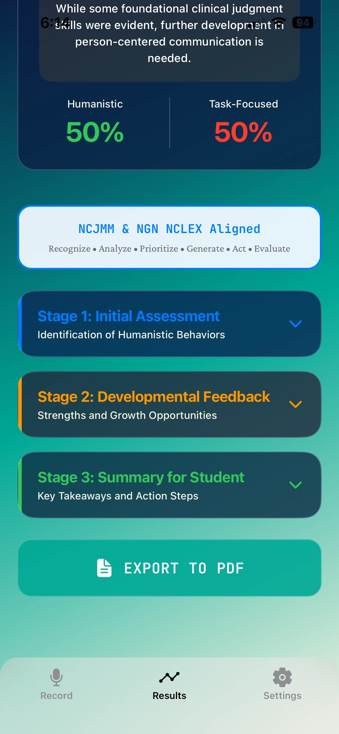 NurseKind AI detailed feedback report with scores and recommendations