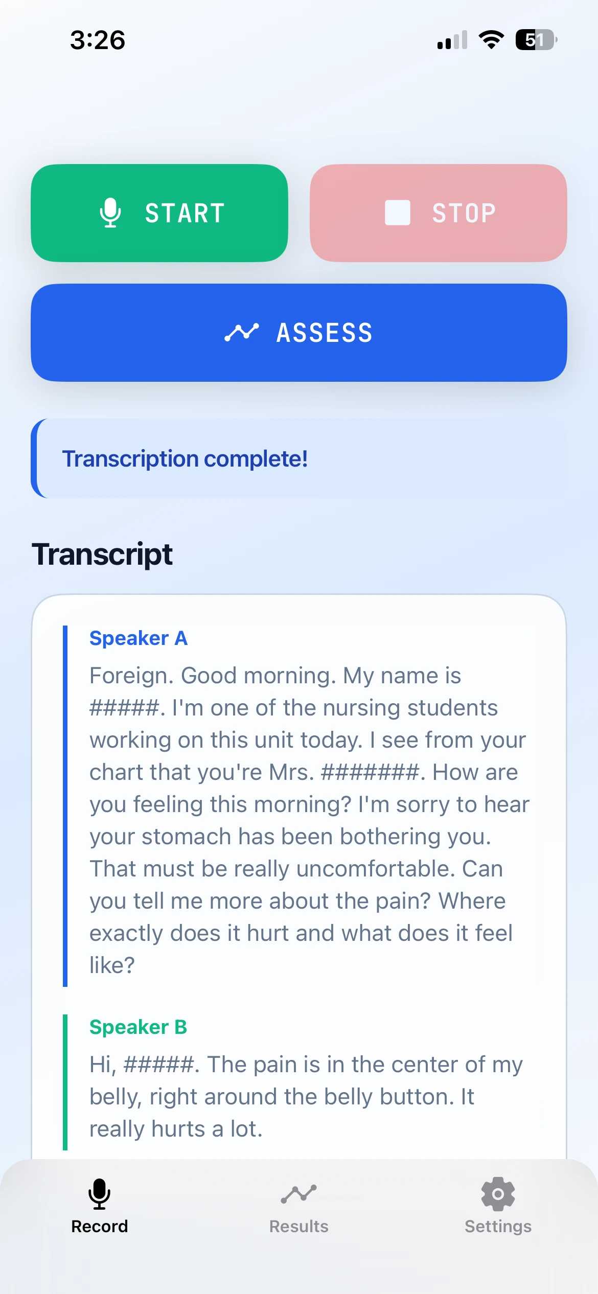 NurseKind AI transcription view with speaker labels