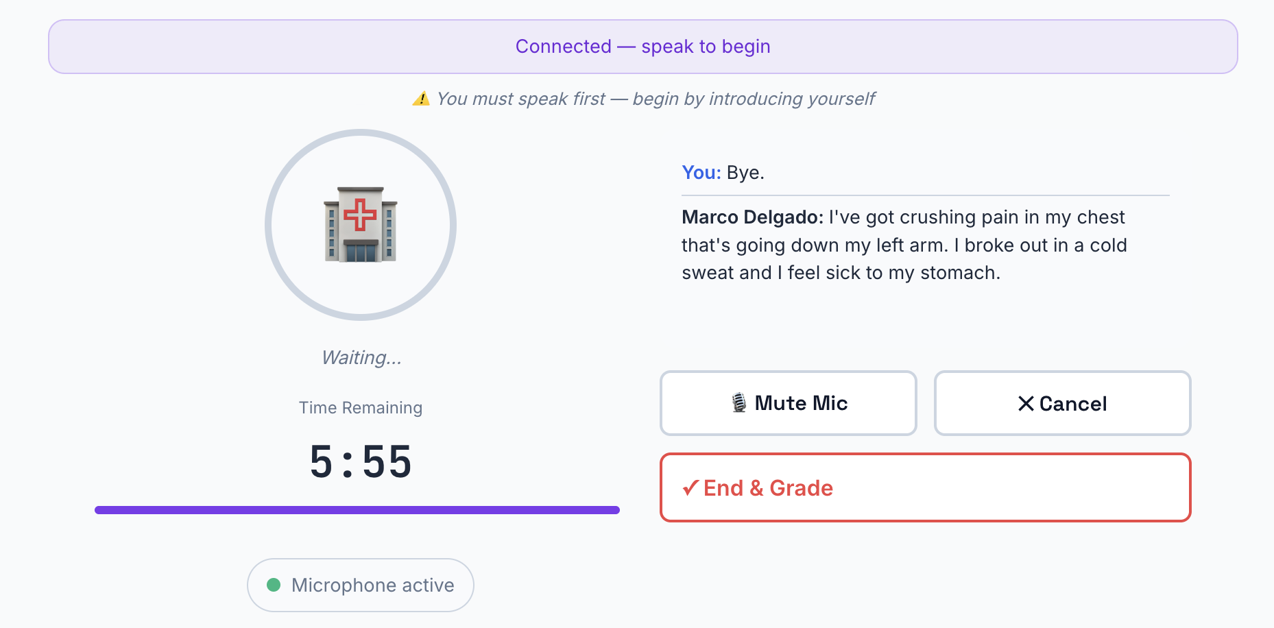 AI simulation active session with live transcript, patient avatar, and End and Grade button