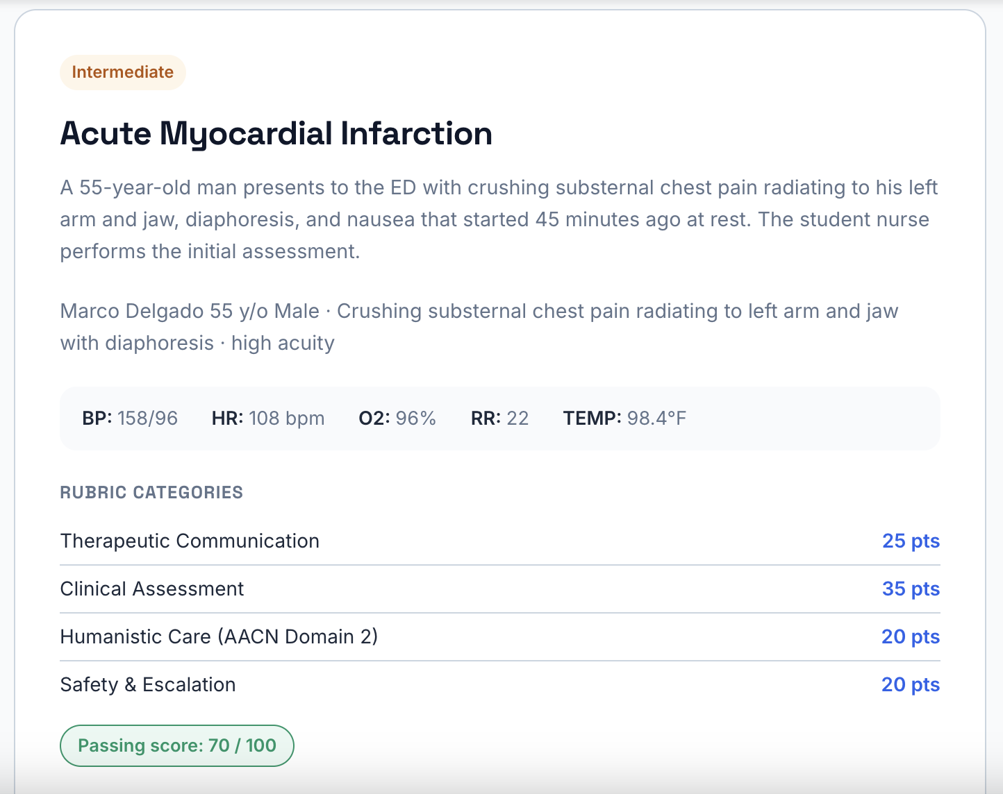 AI simulation scenario detail showing Acute Myocardial Infarction with patient vitals and rubric categories
