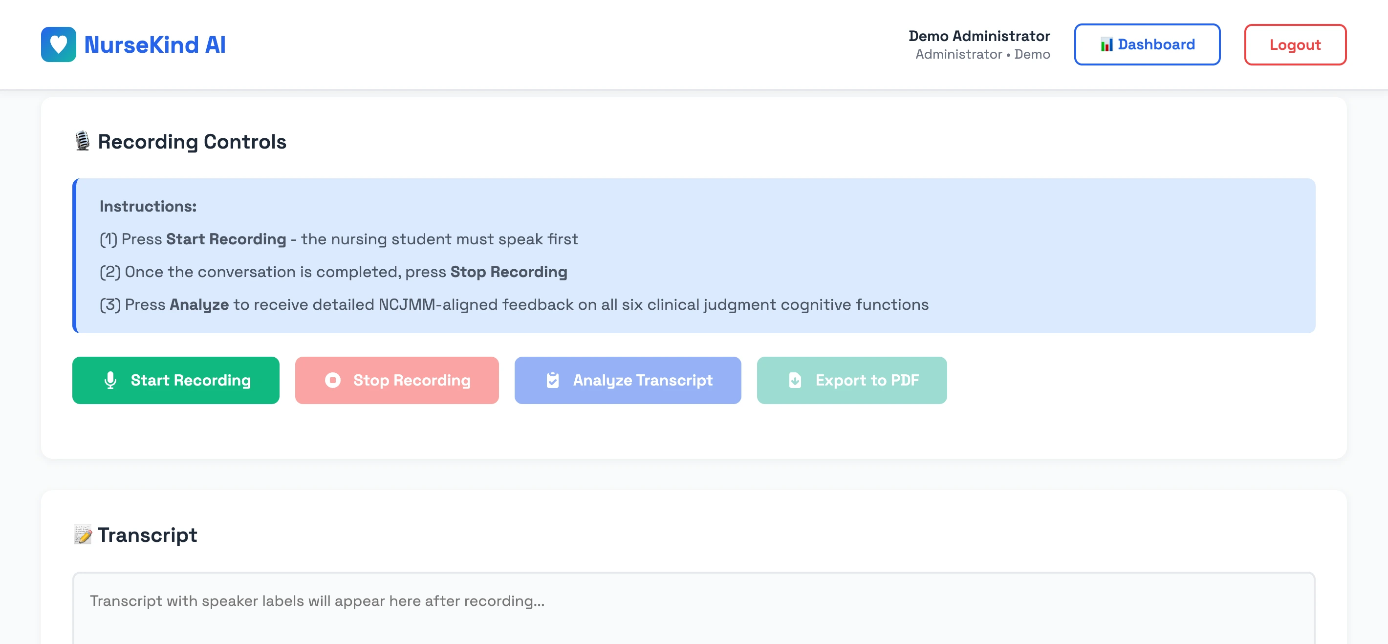 NurseKind AI Analysis Dashboard showing 3-step workflow: Start Recording, Stop Recording, Analyze Transcript